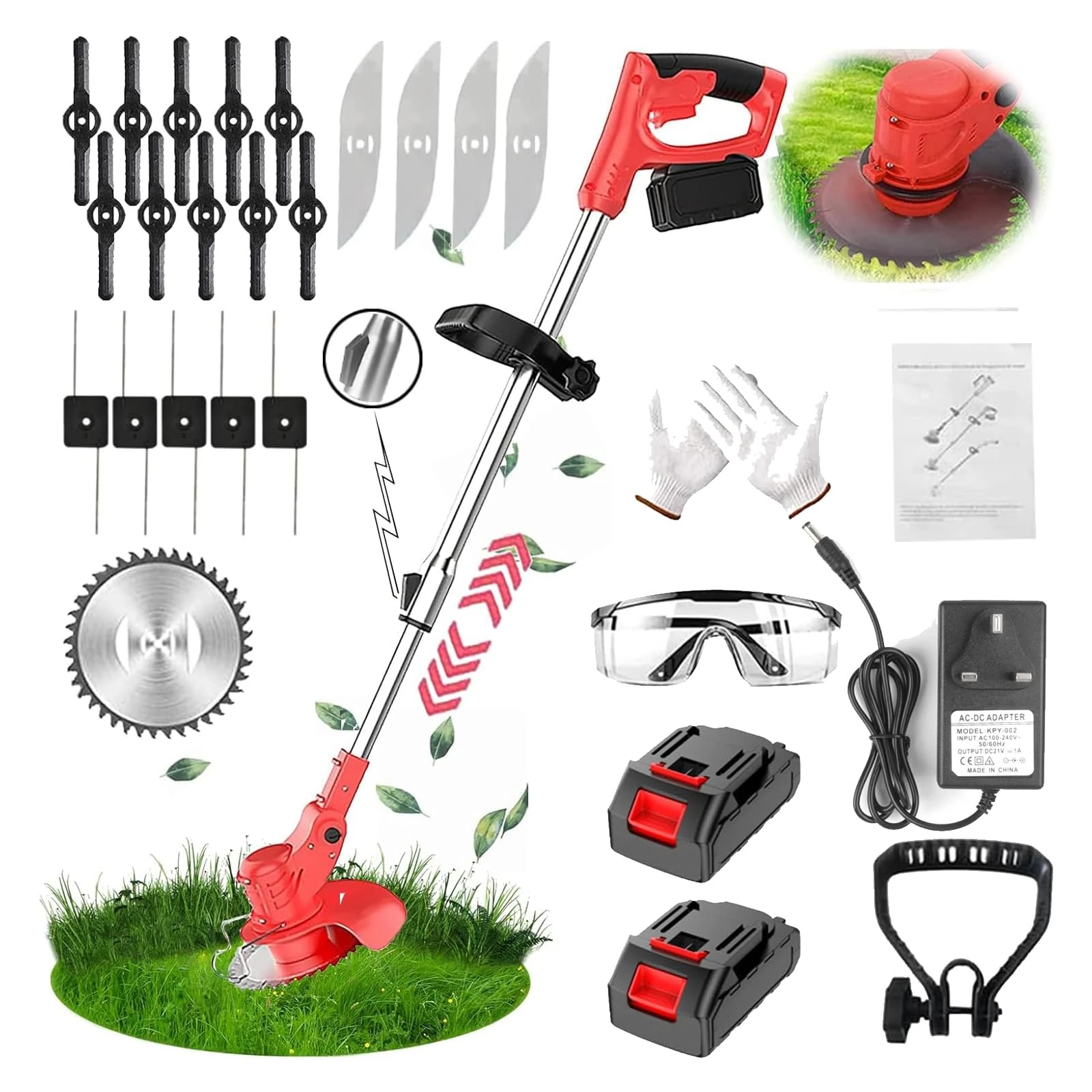 Jwdj Cordless Strimmer 21V Li-ion Batteries Metal Blade Strimmer grass trimmers With Fast Charger 20 different types of blades for Garden Clearing Weeds Flower Trees