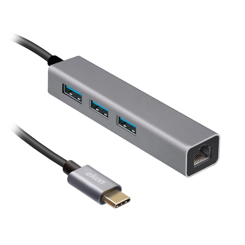 Ekon Ekon HUB multiporta, 3 porte USB-A 3.0, 1 porta LAN, in metallo, cavo USB-C, per PC, laptop, mouse, cavi di ricarica, tastiere, chiavette USB, cavi di rete