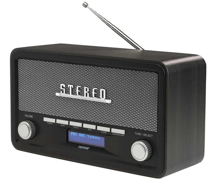 Denver DAB-18 Vintage Style Stereo DAB/DAB+ & FM Radio – Real Wood Cabinet, Bluetooth, Clock Radio Alarm, AUX IN for Smart Phone/Tablet / MP3 Player – Mains or Battery