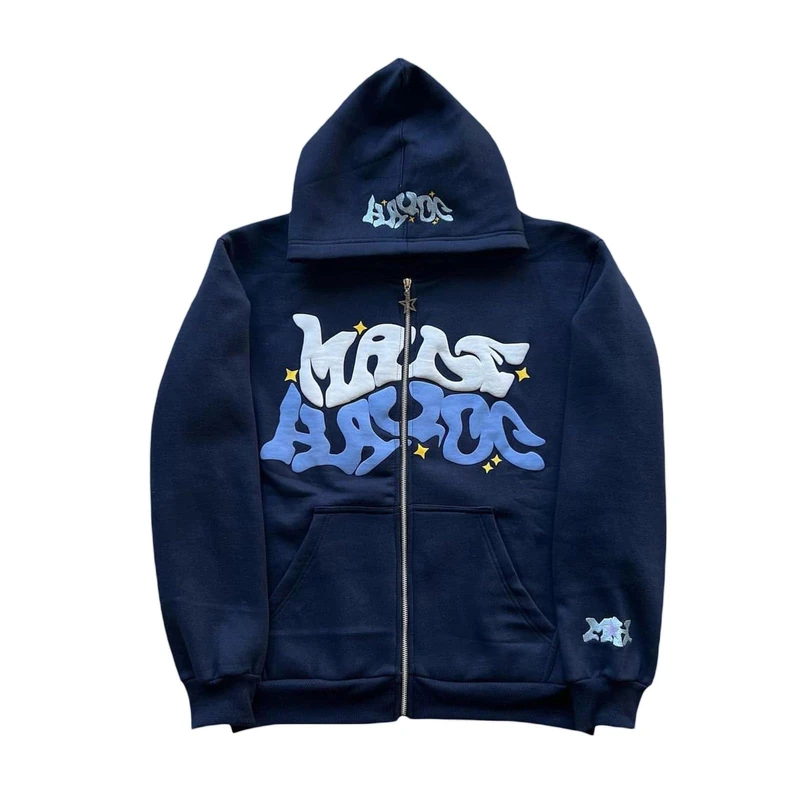 ZENMANCHEN Y2k Hoodie Puff Print Graphic Zip Up Hoodie, Blue, S