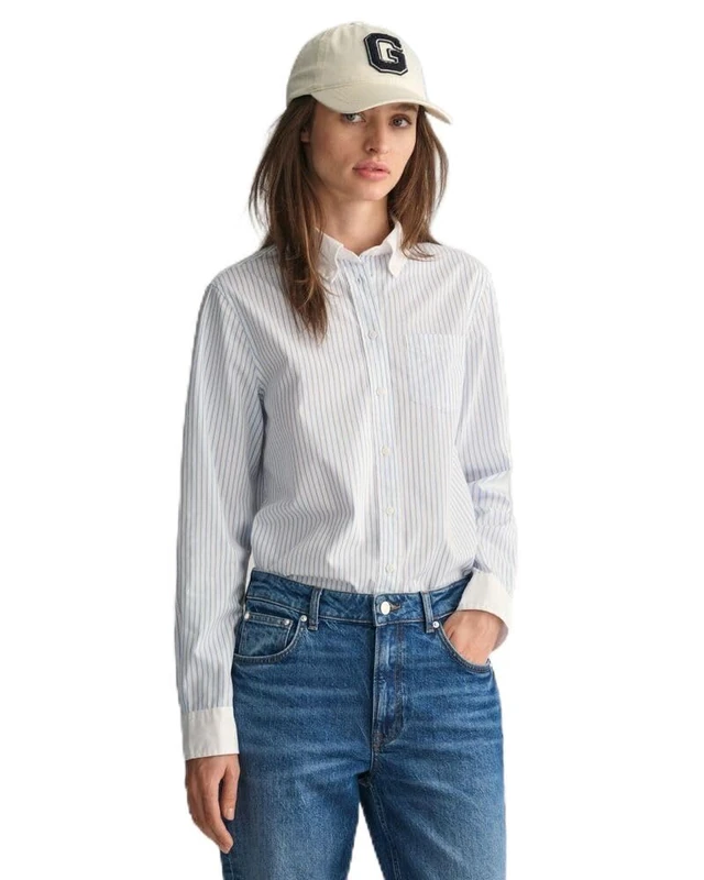 GANT Women's Reg Contrast Collar Striped Shirt Blouse, Aquarius Blue, 16