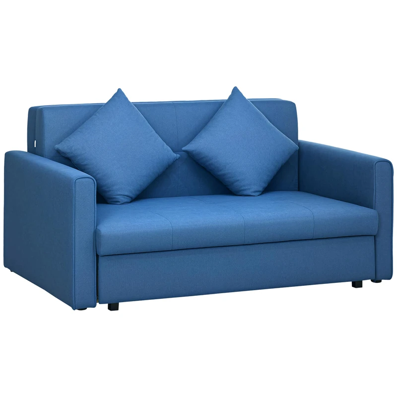 HOMCOM 2 Seater Sofa Bed with Hidden Storage, Pull Out Convertible Bed Settee, Modern Snow Flannel Loveseat Sofa Sleeper with 2 Cushions for Living Room, Guest Room, Deep Blue