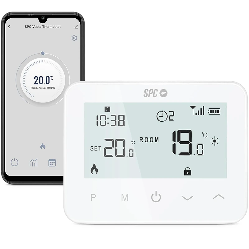 SPC Vesta Thermostat WiFi Heating Thermostat for Gas Boiler, Smart App Operation, Compatible with Alexa/Google, Open Windows Detection, Programmable and Wall – White