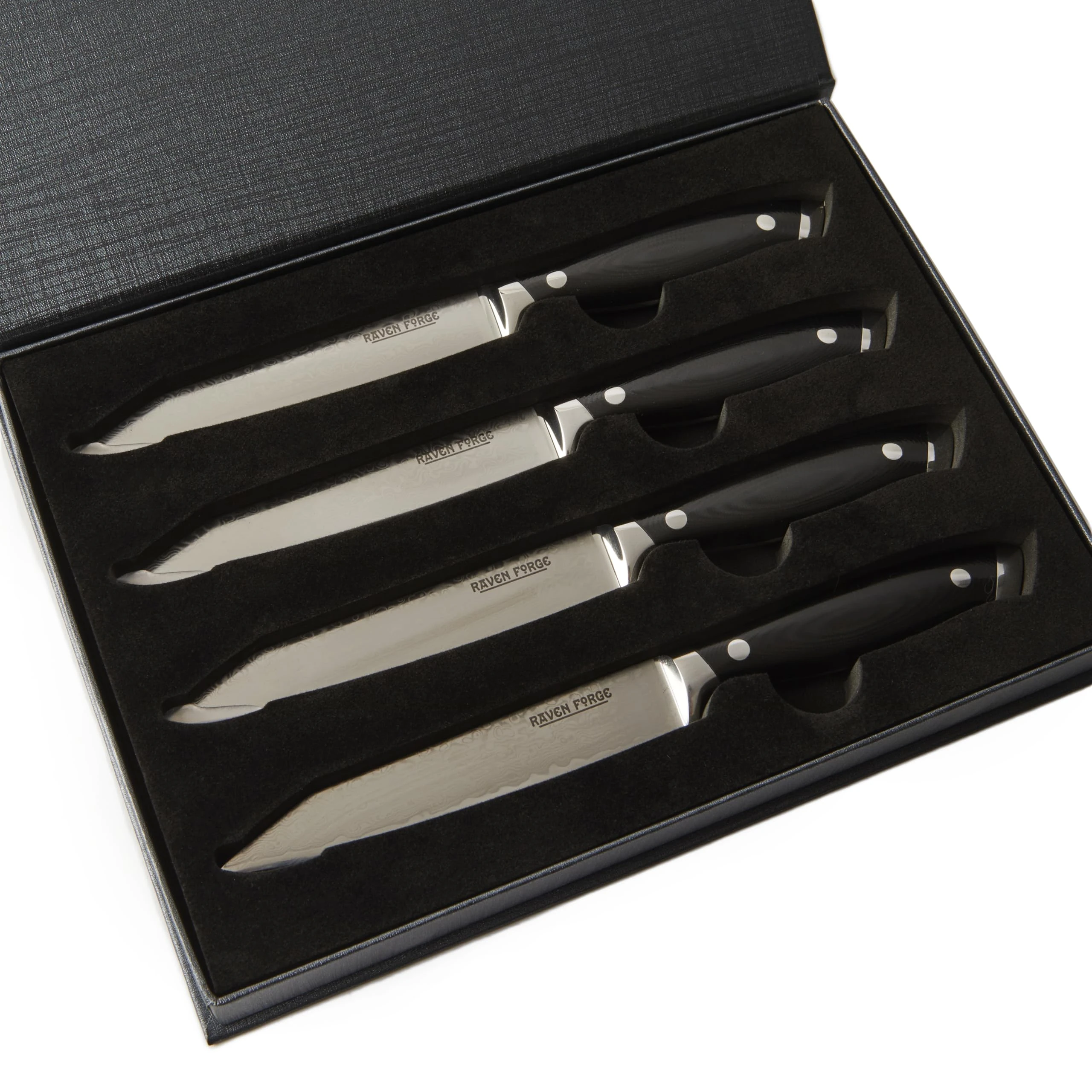 RAVEN FORGE Ultimate Steak Knives (Set of 4) - Steak Knife Dinner Set. Pack of 4 Professional Stainless Steel Kitchen Knives. Sharp Edge Damascus Knife Set with 13cm Blade Length