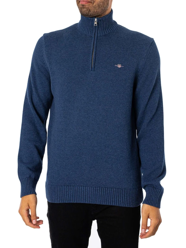 GANT Men's Casual Cotton Halfzip Pullover, Dark Denim Blue Melange, XL