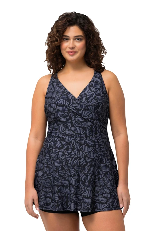 Ulla Popken Women's April Swim Dress with Shorts Leaves Swimsuit, Black, 24 - Image 1