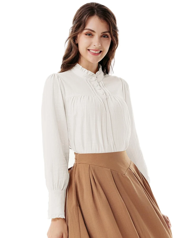 Scarlet Darkness Victorian Blouse for Women Baggy Cotton Long Sleeve Renaissance Shirt, White, M