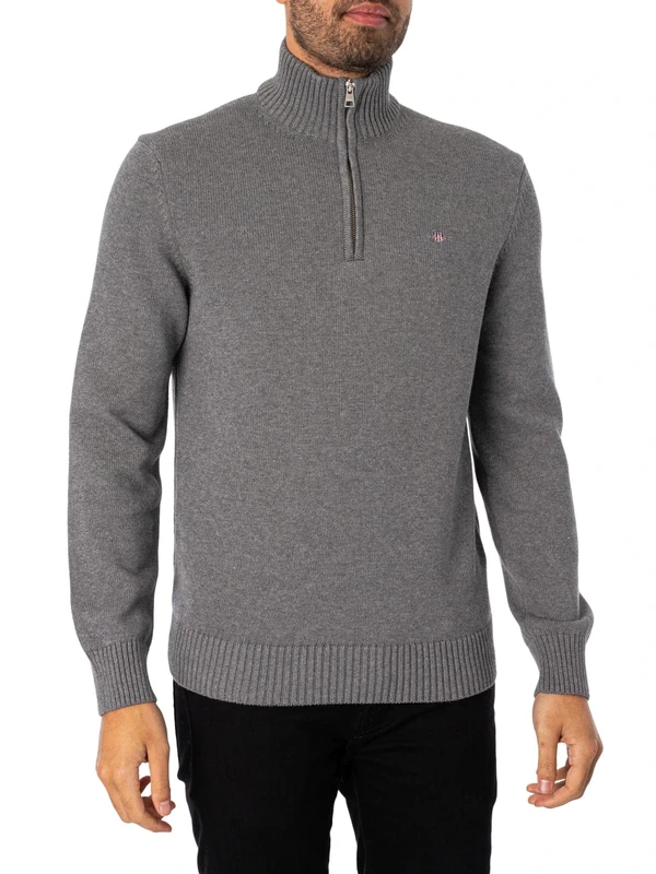 GANT Men's Casual Cotton Halfzip Sweater, Dark Grey Blend, XXL
