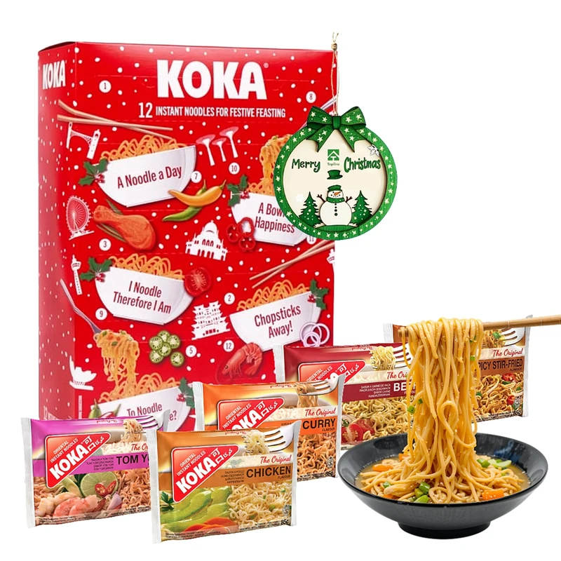 Koka Christmas Noodles Advent Calendar 2025 - Instant Noodles 12 Days Advent Calendar of Assorted 12 x 85g Ramen Noodle with Xmas Tree Decoration. Great Christmas Gifts for Women