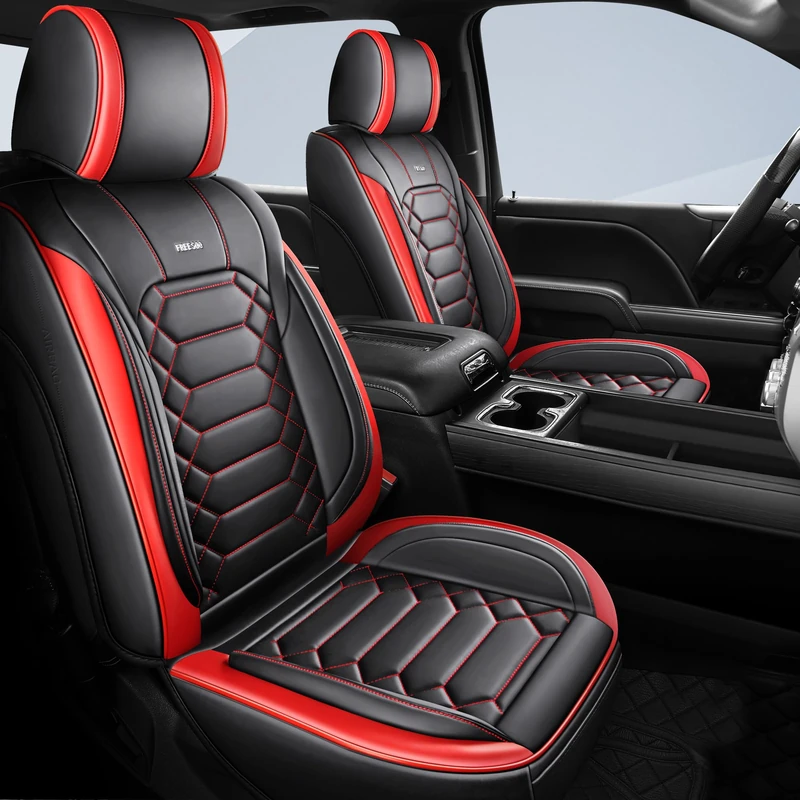 FREESOO Silverado 2014-2018 Leather Full Set Seat Covers, Fit for Chevy Silverado GMC Sierra 1500 2500 3500 Crew Cab Waterproof Truck Seat Covers BlackRed