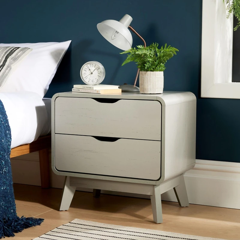 Home Source Bedside Side Table, Modern Bedroom Cabinet Nightstand, 2 Drawer Storage, Grey