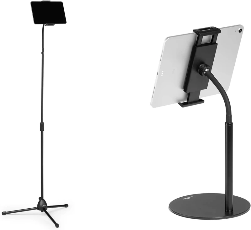 Durable Tablet Holder Twist Combi Pack with Gooseneck - for Tablets and Mobiles 4.7-13 Inches - Includes Table and Floor Stand - 360 Degree Rotation - Black