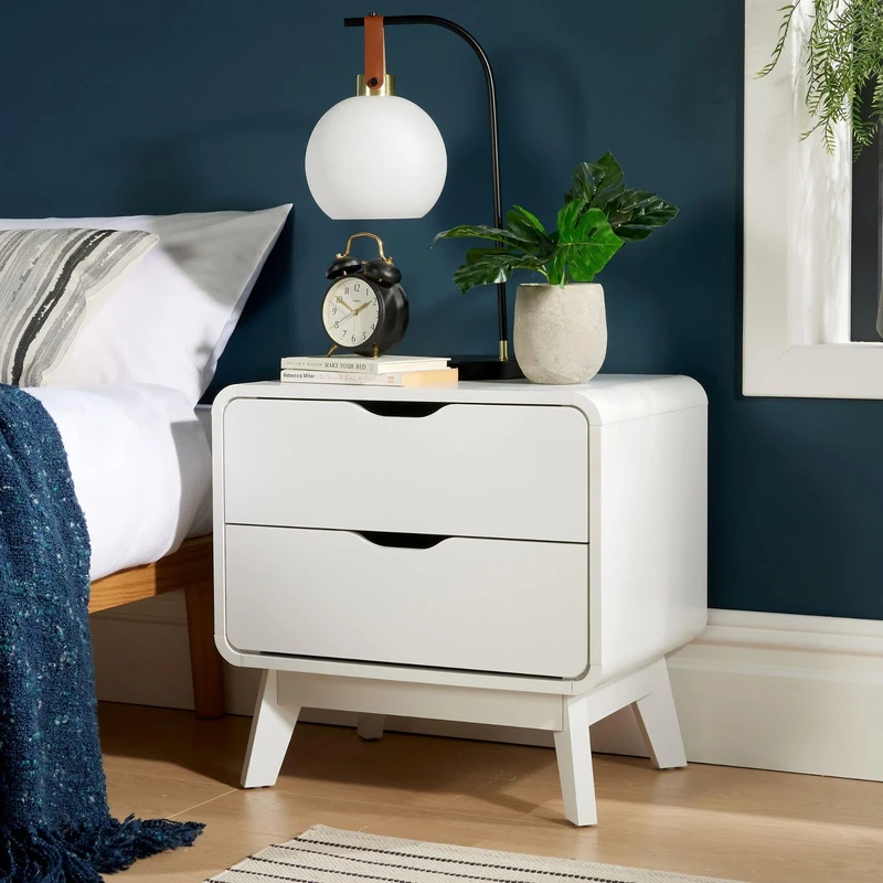 Home Source Bedside Side Table, Modern Bedroom Cabinet Nightstand, 2 Drawer Storage, White