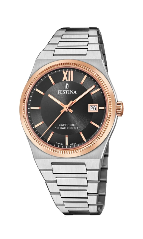 Festina Swiss Made Mens Rose Gold PVD-Plated Watch with Steel Bracelet F20036/3