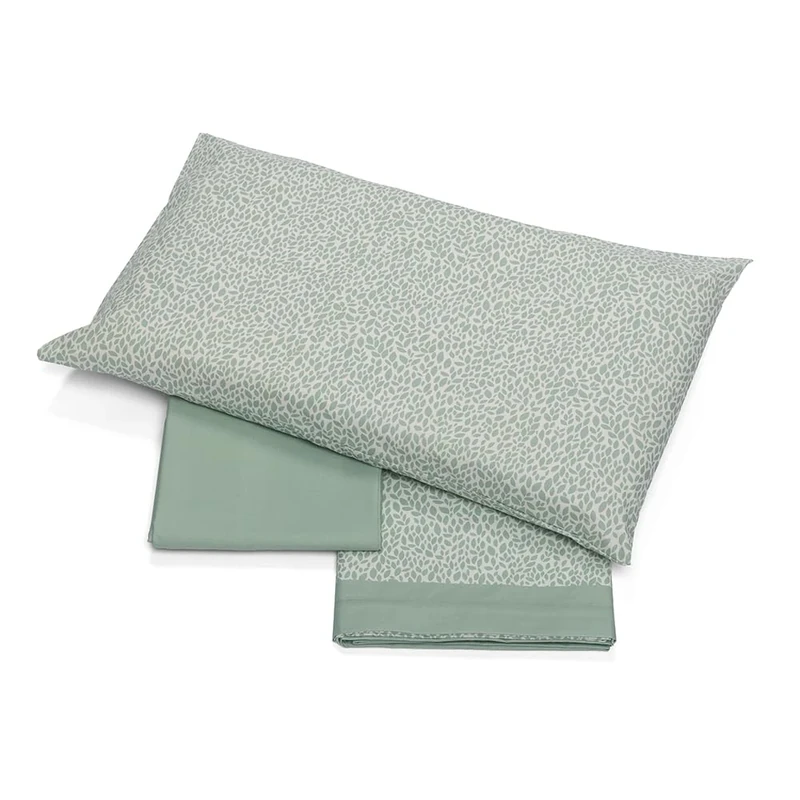 Foppapedretti Notte & Natura Complete Bed Set, Top Sheet, Fitted Sheet and Pillowcase; Petals Sage 100% Cotton, Made in Italy