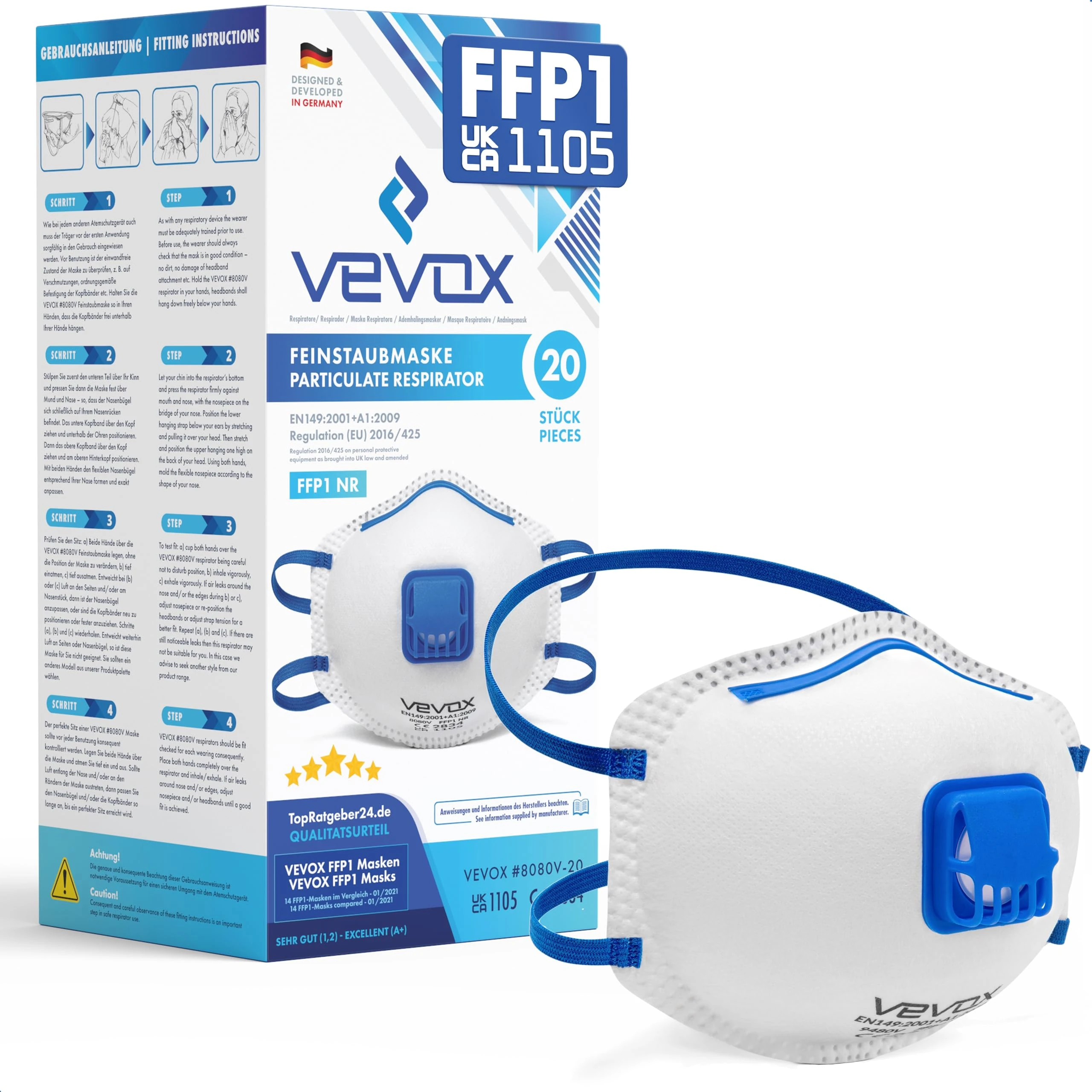 VEVOX® FFP1 Dust Mask - Set of 20 - Valved Face Masks - Respirator - Protection e.g. for Construction, Building Work, Sanding, Woodworking, Fine Dusts, Aersoles or Particles
