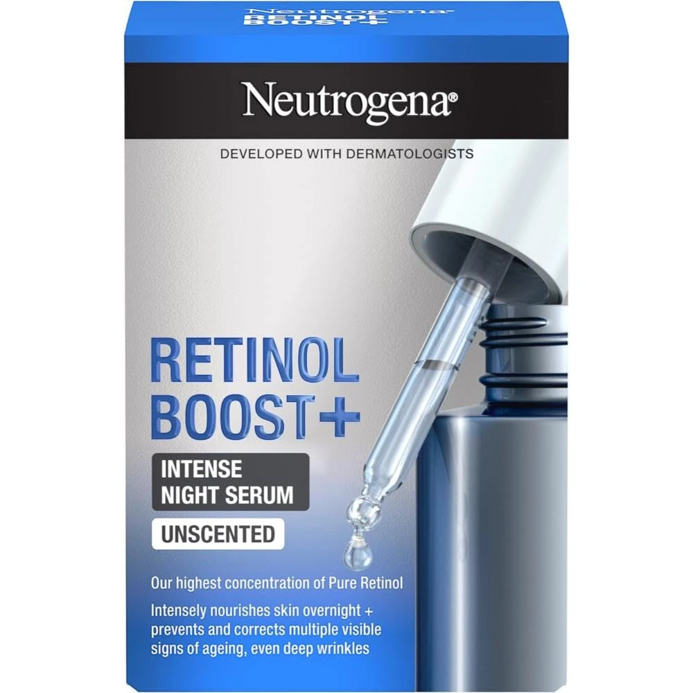 Neutrogena Retinol Boost+ Intense Night Serum (1 x 30ml), Unscented Retinol Serum For Face, Reduces Look of Deep Wrinkles, For Firmer, Younger-Looking Skin