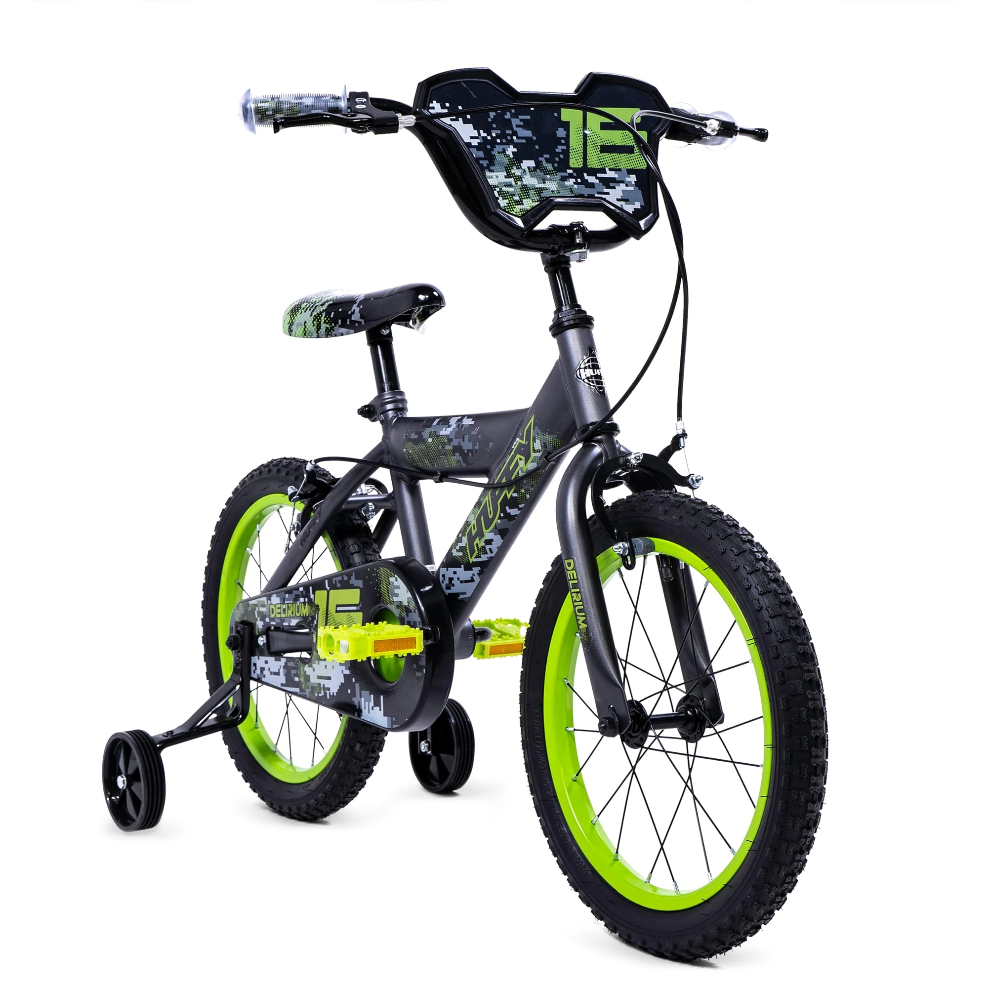 Huffy Delirium 16-Inch Boys’ Bike, Durable Steel Frame, Dual Caliper Brakes, Removable Stabilisers, Single-Speed, Kids’ Bicycle for Ages 4-6, Storm Matte Grey & Lime Green