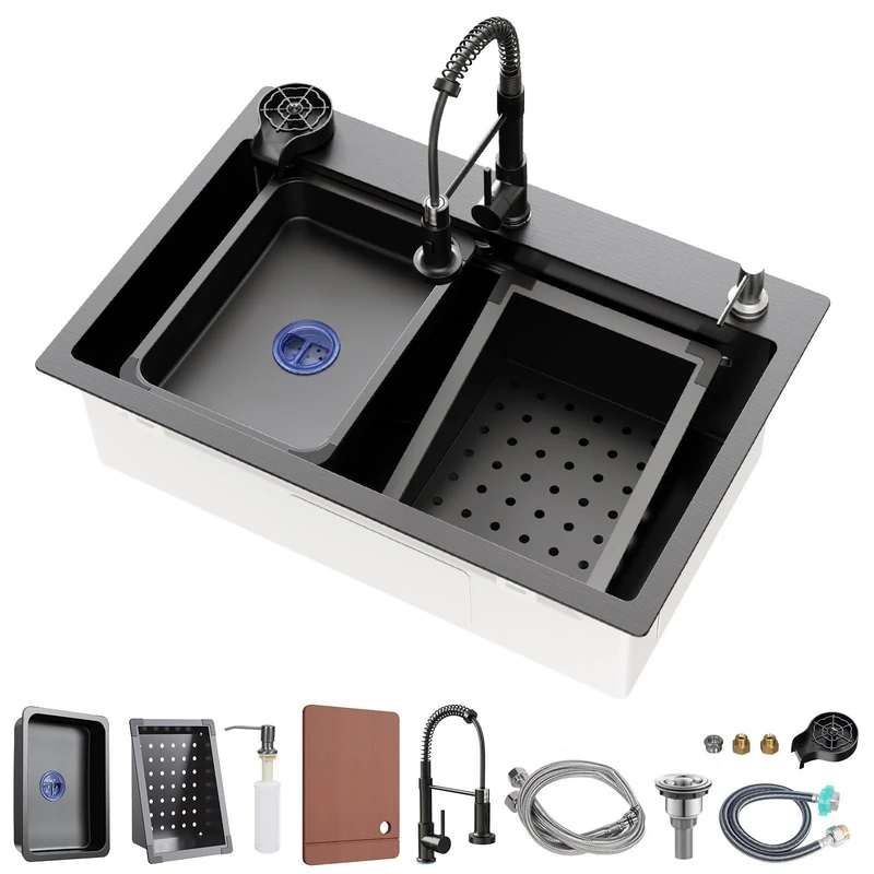 29.5 x 17.7 inch Kitchen Sink, Single Bowl Stainless Steel Sink Multifunctional Drop in Sink with Pull-Down Faucet and Multiple Accessories (30Inch)