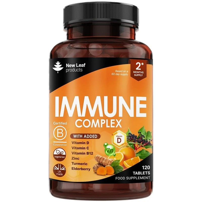 Vitamin D3 Immune Booster Complex - with Vitamins D,C, B12, Zinc, Turmeric & Elderberry - Immune Support - Made in The UK - Immunity Booster by New Leaf 120 Tablets