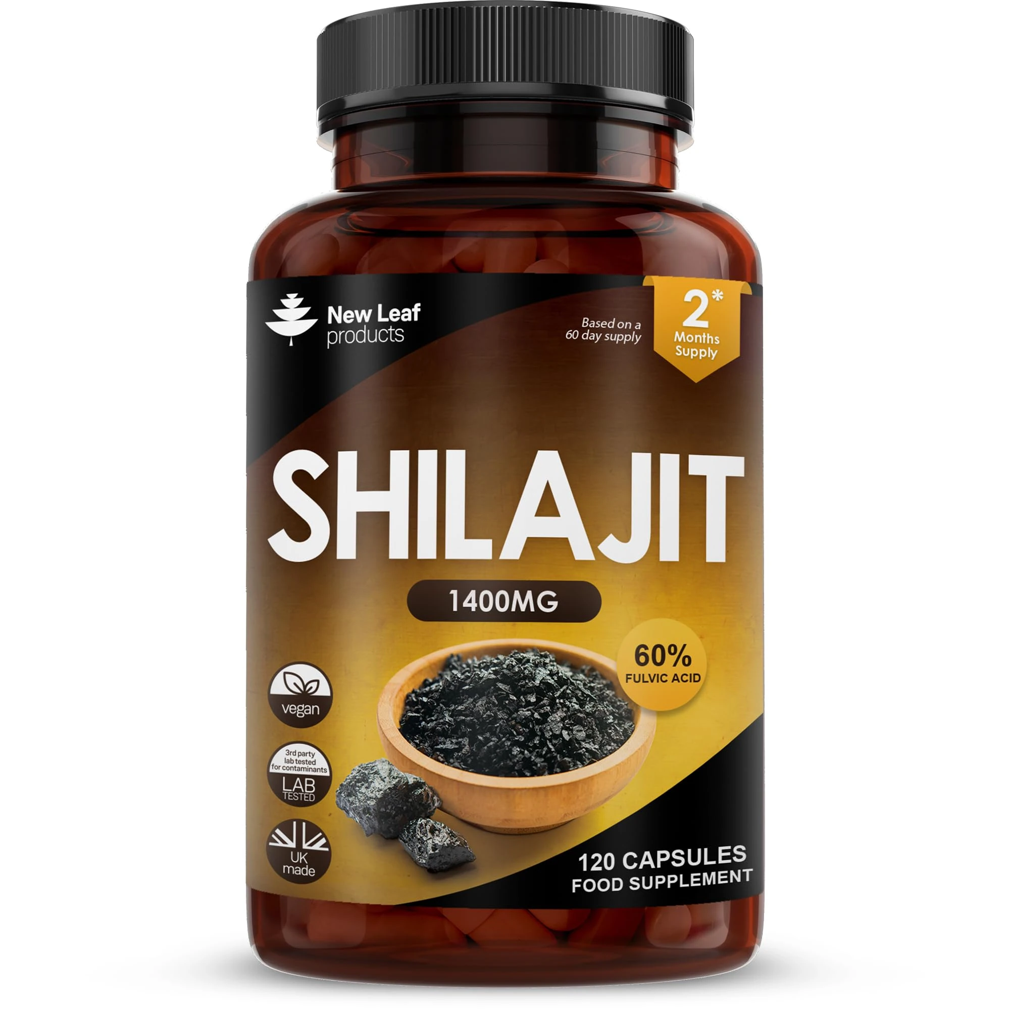 Shilajit Capsules 1400mg 60% Fulvic Acid - High Strength Himilayan Shilajit, 2 Months Supply Shalajit Resin - Made in The UK Supplement by New Leaf 120 Capsules