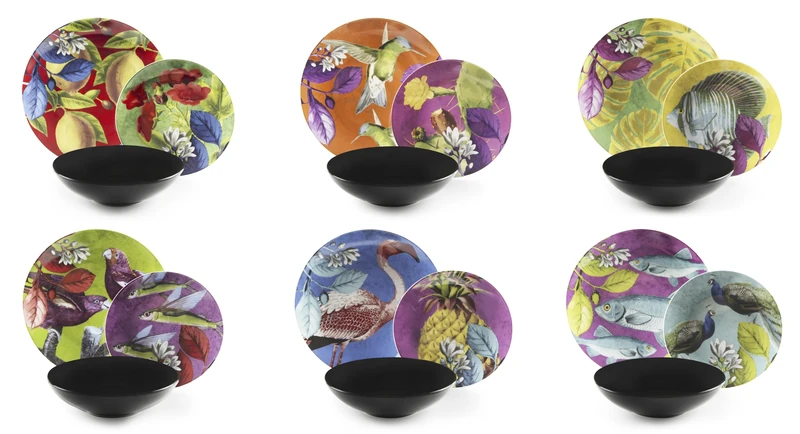 Excelsa Rhapsody 18-Piece Dinner Set, Porcelain and Stoneware, Multicolour Decoration, 6 People (Black Bases)