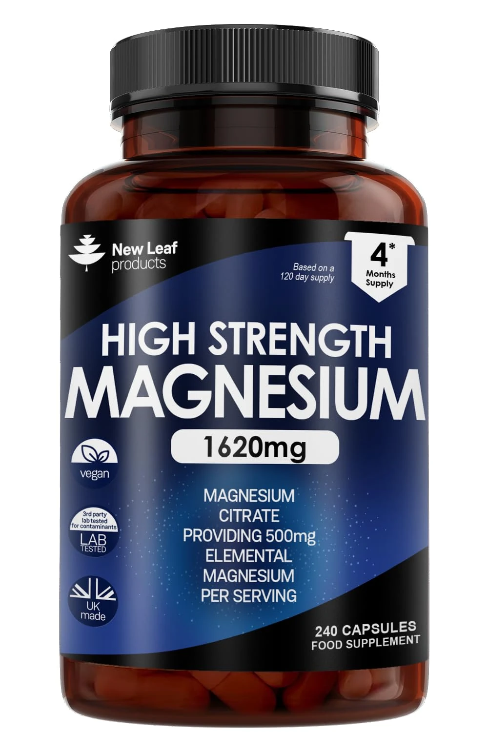 Magnesium Citrate Capsules 1620mg - 240 Fill - Super Strength Supplements - with 500mg Elemental Vegan Magnesium - Not Tablets or Gummies - Muscle & Sleep Support (Four Months Supply)