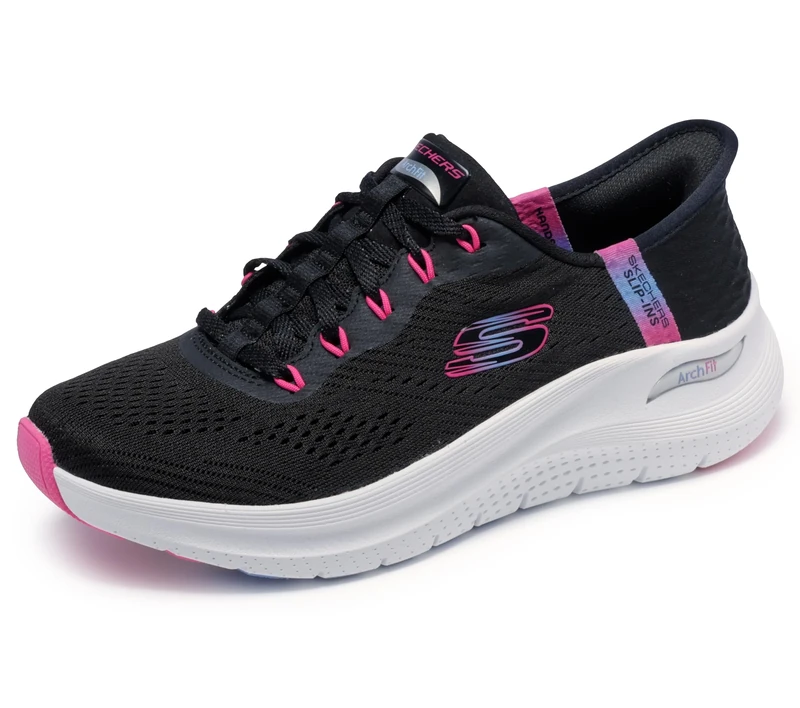 Skechers Women's Arch Fit 2.0 Easy Chic Hands Free Slip-ins Sneaker, BKHP=Black/Hot Pink, 3.5 UK