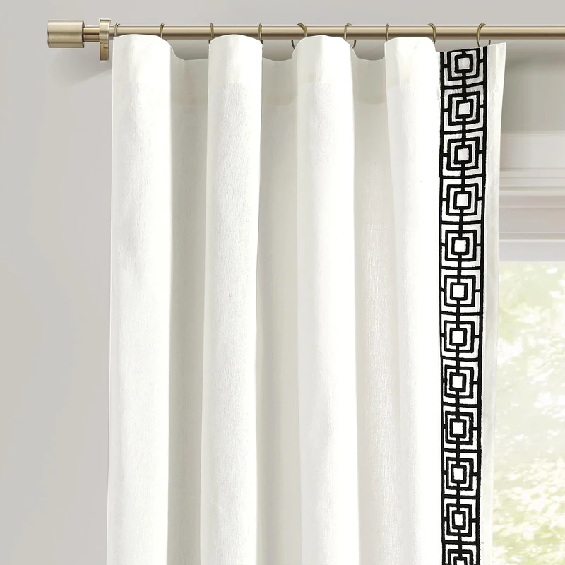 Lush Decor Luxury Modern Square Embroidery Border Window Curtain Panel (Single Panel), 52" W x 84" L, White & Black - Image 1
