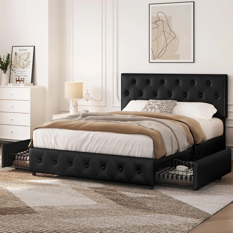 Yaheetech 4ft6 Double Bed Frame Upholstered Platform Bed with Adjustable Diamond Button-Tufted Headboard and 2 Drawers Storage/Sturdy Wood Slat Support/No Box Spring Needed,Black Double Bed