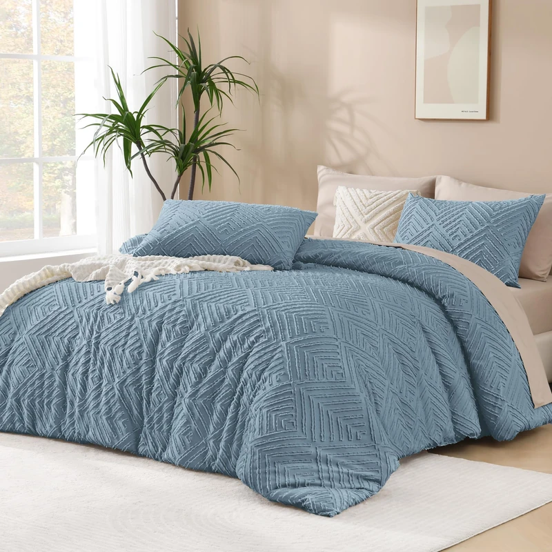 Andency Grayish Blue Comforter Set Queen Size, Lightweight Fluffy Bedding Comforter Sets for Queen Bed, 3 Pieces Tufted Farmhouse Bed Set for All Seasons (1 Comforter 90x90In, 2 Pillowcases)