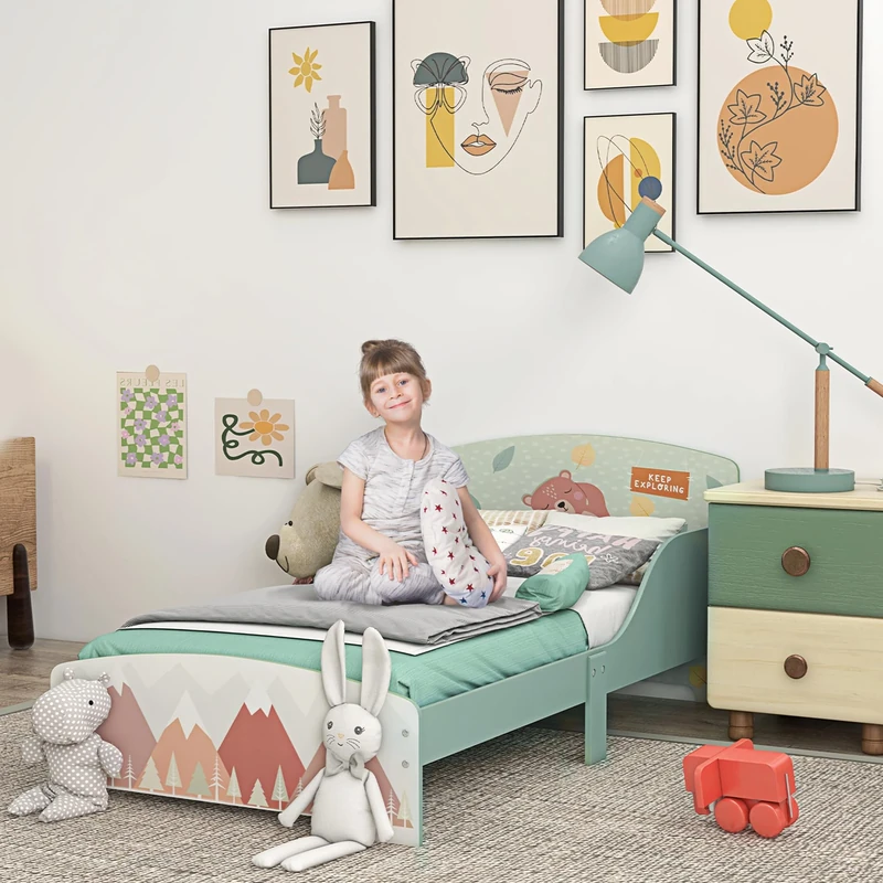 ZONEKIZ Toddler Bed Frame, Kids Bedroom Furniture for Ages 3-6 Years, 77 x 143 x 60cm - Green