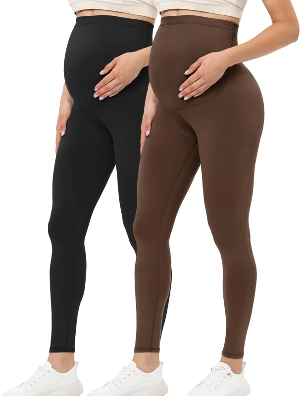 Buttergene, Maternity Leggings for Women Pregnancy Activewear Workout Yoga Pants, 2 Pack Black/Coffee, L