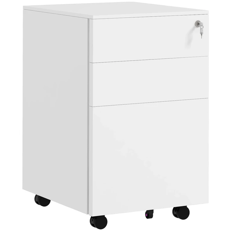 Vinsetto 3-Drawer Vertical Filing Cabinet with Pencil Tray, Lock and 5 Wheels, Steel Mobile File Cabinet, for A4, Legal and Letter Size, Pre-Assembled Body, White - Image 1