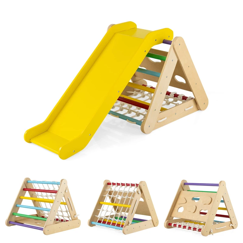 GYMAX 4 in 1 Kids Climbing Set, Wooden Toddler Climber with Slide, Outdoor Indoor 3 Sides Climbing Frame for 1 Years Old + Boys Girls (Colorful)