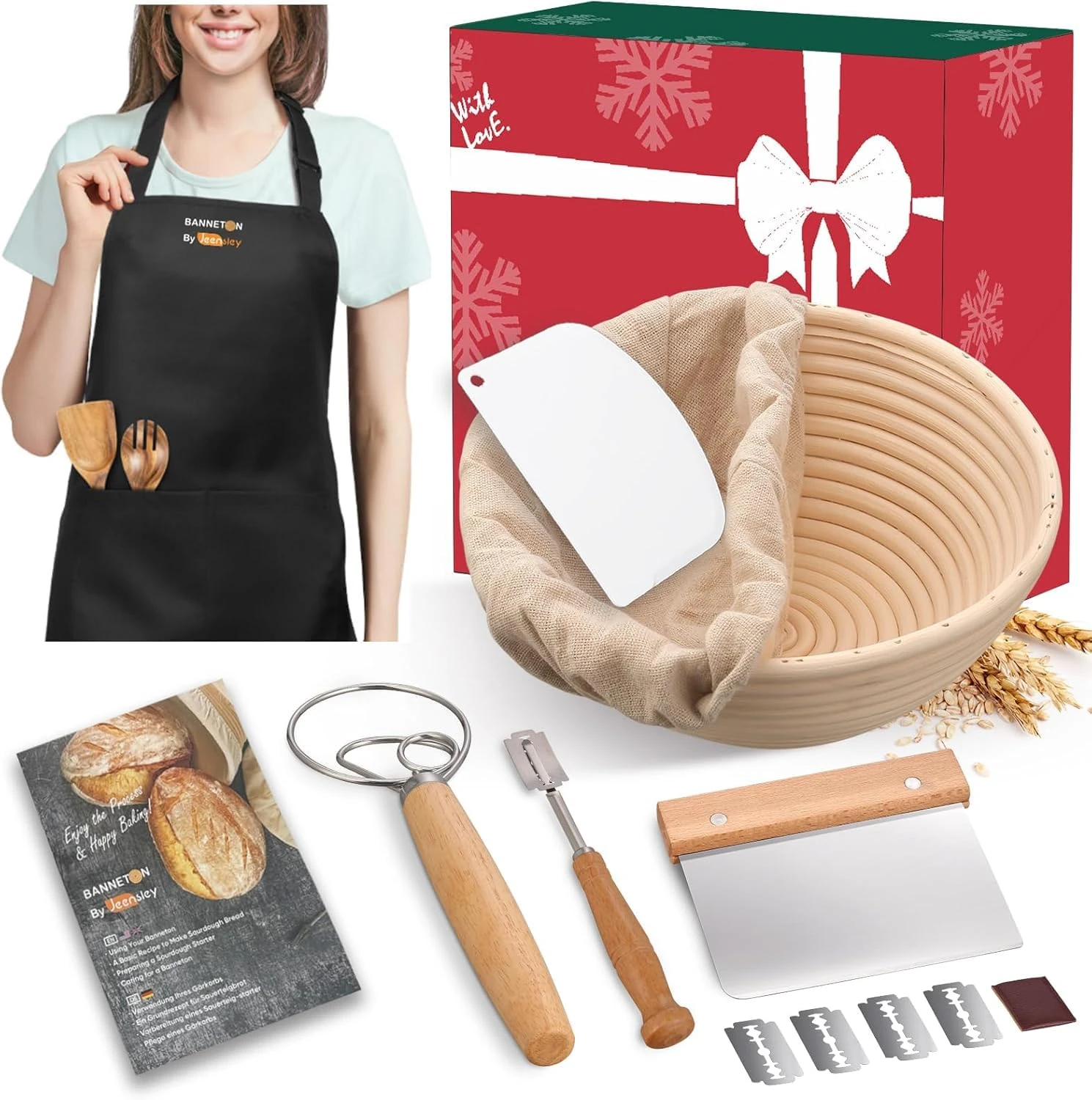 Jeensley Boxed Sourdough Starter Kit with Apron Round Bread Proofing Basket Banneton with Liner and Bread Making Tools Handmade from Quality Natural Indonesian Rattan Bread Making Accessories