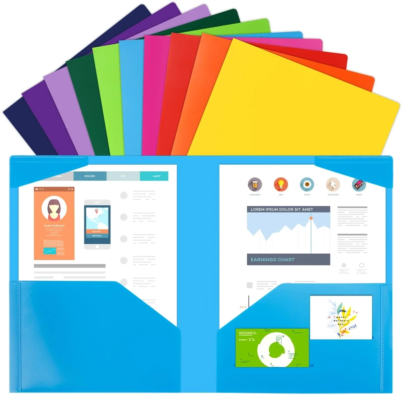 100pcs Plastic Folders with Pockets, Heavy Duty Pocket Folders with 4 Pockets for Office and School, Letter Size, 10 Assorted Colors