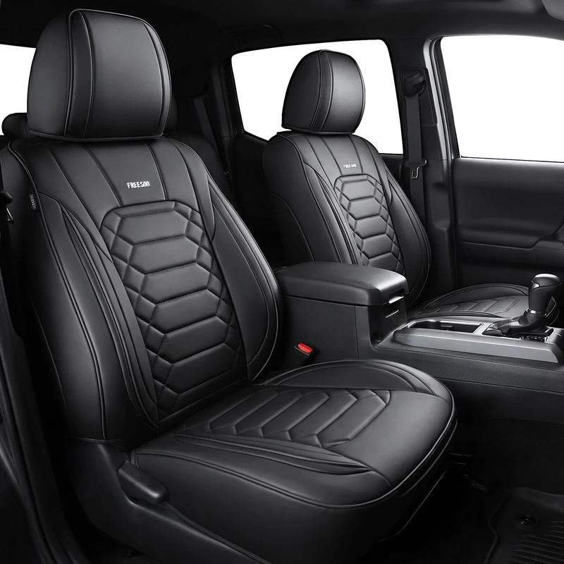 FREESOO Toyota Tacoma Seat Covers Custom Fit for 2023-2016 Tacoma Double Crew Cab, SR, SR5, TRD Sport, TRD PRO, TRD Off-Road, Faux Leather Full Set Pickup Truck Seat Covers Black