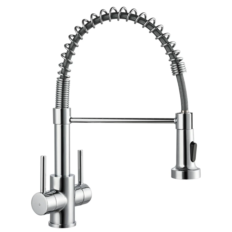 Peppermint Kitchen Taps with Pull Out Spray Dual Lever Kitchen Tap Chrome Sink Mixer Tap Spring Pull Down Faucet with Dual Function Sprayer Brass 360° Swivel Spout Commercial