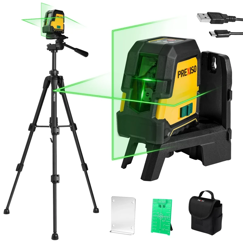 PREXISO Laser Level with Tripod, 30m Rechargeable Self Leveling Cross Line Green, Horizontal and Vertical Line Laser with Magnetic Holder, Level Tool for Construction, Floor Tiles