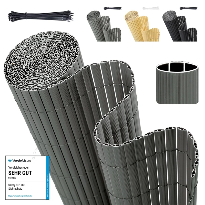 Sekey PVC Privacy Screen Mat, 100 x 400 m, Double Reinforcement Indoor, Balcony Privacy Screen with Cable Ties, Privacy Fence, Wind Protection, Waterproof, No Drilling, for Balcony, Garden, Grey