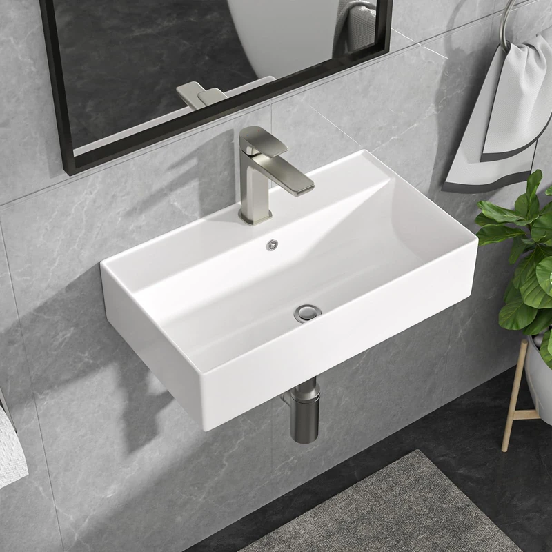 Lordear Wall Mount Bathroom Sink 21x12 Inch White Rectangle Vanity Sink with Overflow Faucet Hole Porcelain Ceramic Floating Bathroom Vessel Sinks, Wall Hung Wash Hand Basin