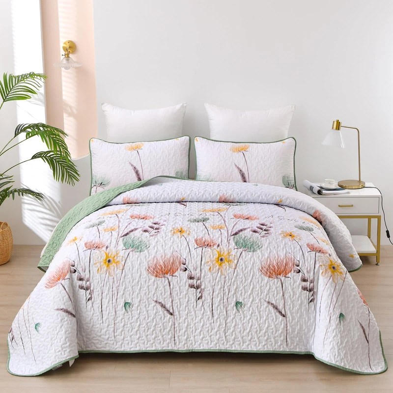 Dinjoy King Size Floral Quilt Set - 90x110 Green Bedspreaker