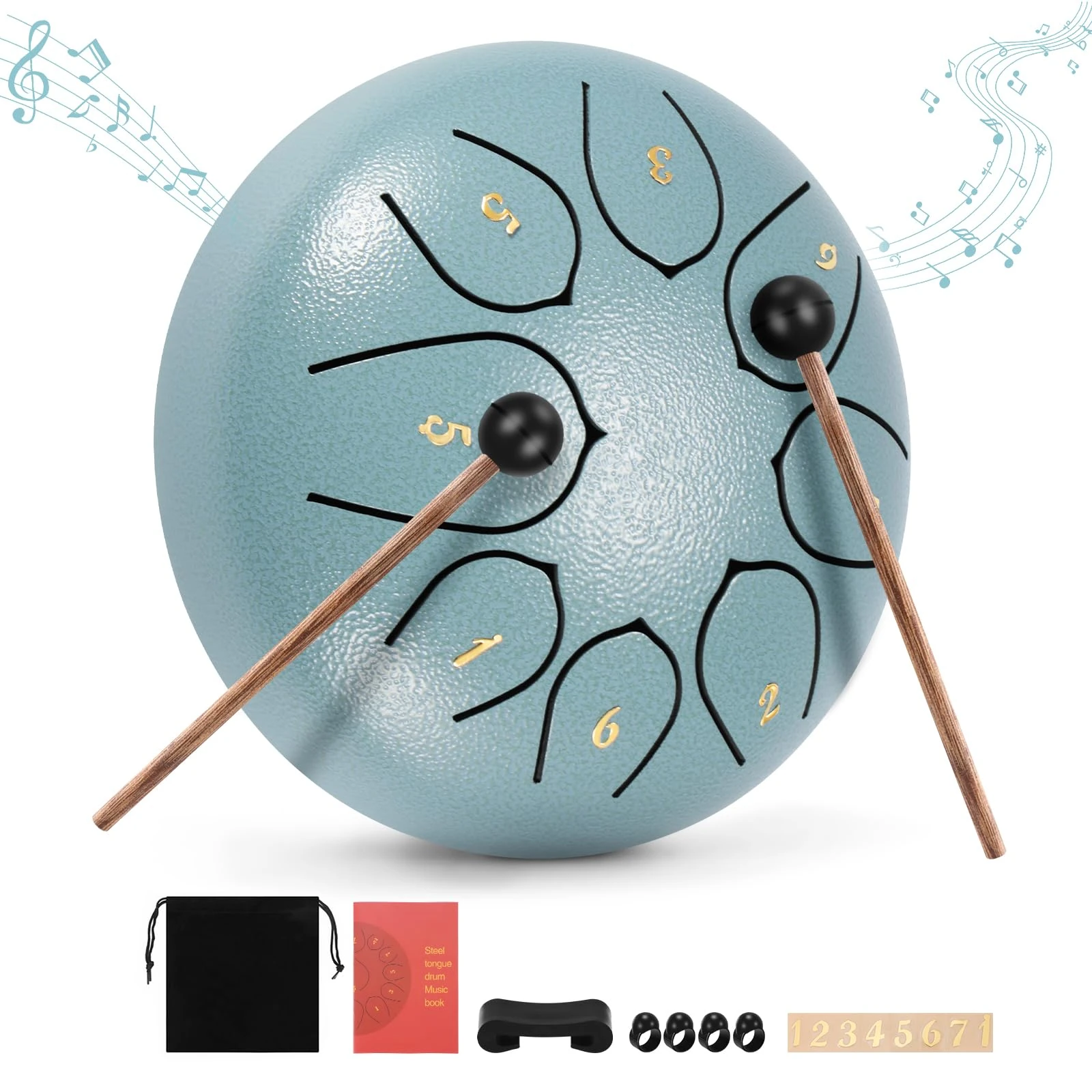 Steel Tongue Drum, 6 inches 8 Tone D Key Ethereal Drum,Beginner Handpan Percussion Tongue Comes with Carry Bag, 2 Sticks,4 Finger Cots, Suitable for Sound Healing Meditation Yoga（green）