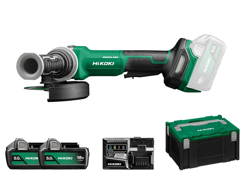 HIKOKI Akku Winkelschleifer G1813DF (18V, 2x5,0 Ah Li-ion Akkus, Schleifscheiben Ø: 125 mm, Antriebsspindel: M14, Leerlaufdrehzahl: 8000 min-1, Brushless Motor) Plus Zubehör komplett im HSC III Koffer