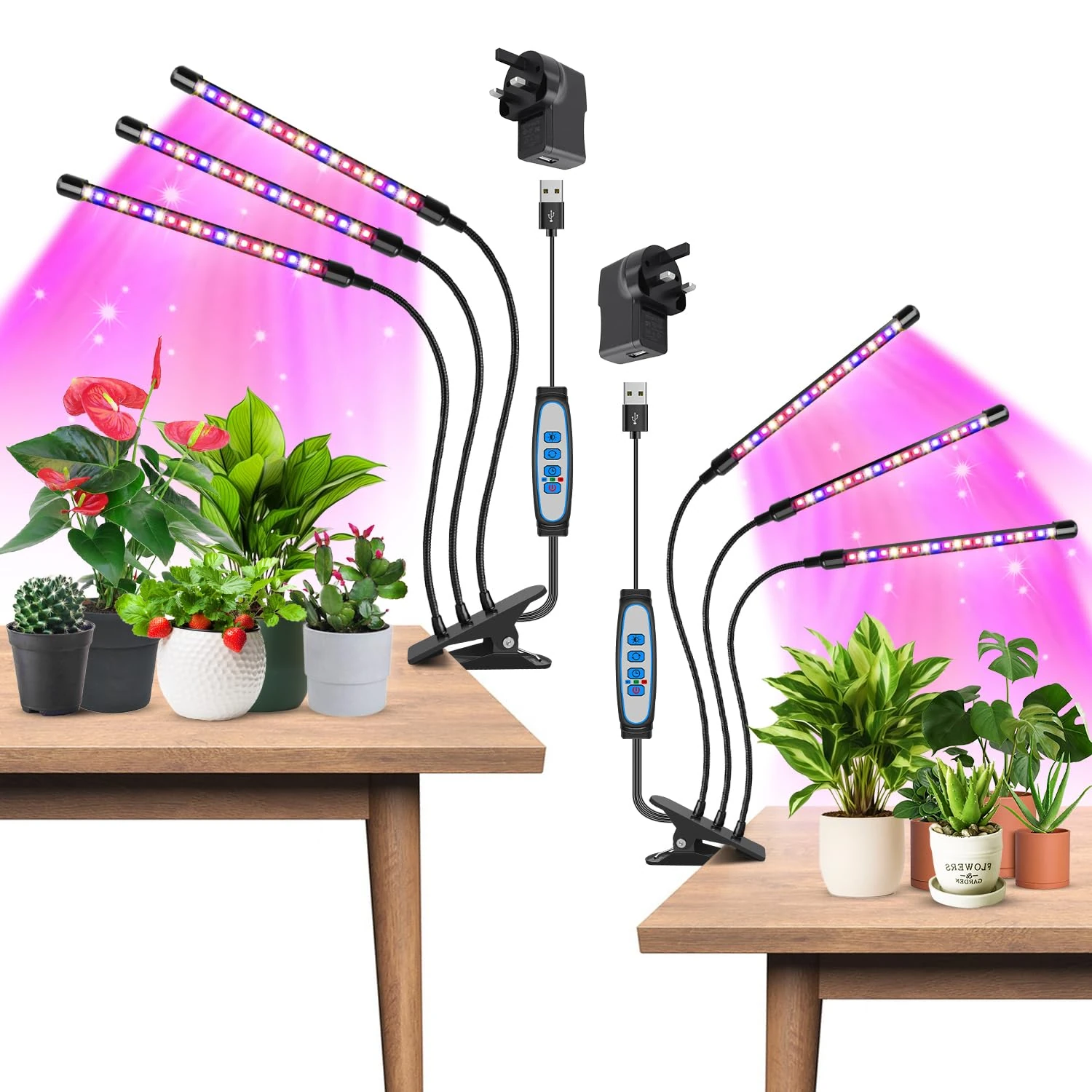Garpsen Led Grow Light, 2PCS 3 Heads Full Spectrum Clip Plant Light for Indoor Plants, 120 LEDs Grow Lights, with 3 Switch Modes & Auto ON/Off 6/12/16H Timer, 5 Dimmable Levels (Red Blue Warm White)