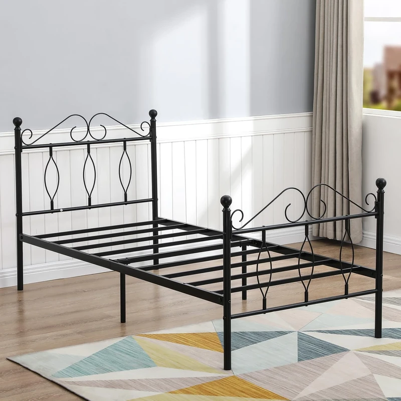 FurnitureR Single bed metal frame Industrial iron bed,metal bed for teenagers/adults, suitable for bedroom, student dormitory and other multiple scenes, with a unique design of the headboard, Black