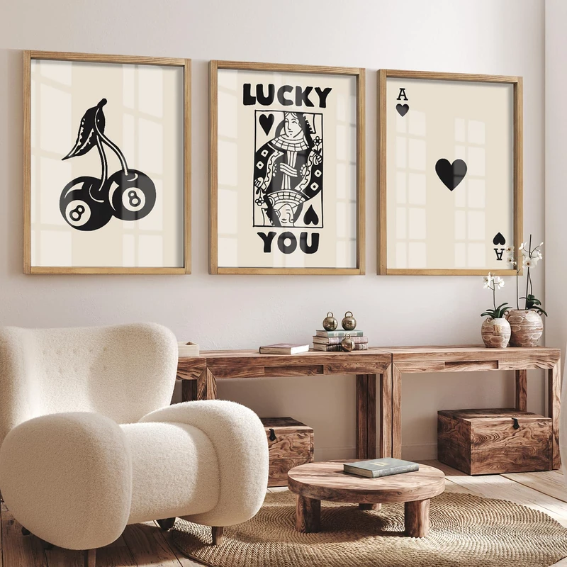 Heiple Framed Set of 3 Poker Wall Art Lucky You Poster, Trendy Retro Print Wall Decor for Queen of Hearts Wall Art Rustic Vintage Farmhouse Home Wall Decor（Brown 12"x16"） - Image 1