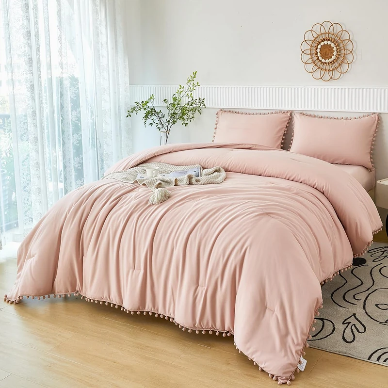 PERFEMET 5 Pieces Blush Pom Pom Comforter Queen Size Aesthetic Boho Bed in A Bag with Pompoms Lightweight Pink Plain Bed Sets with Sheets for Girls Women Adults(Blush, Queen)
