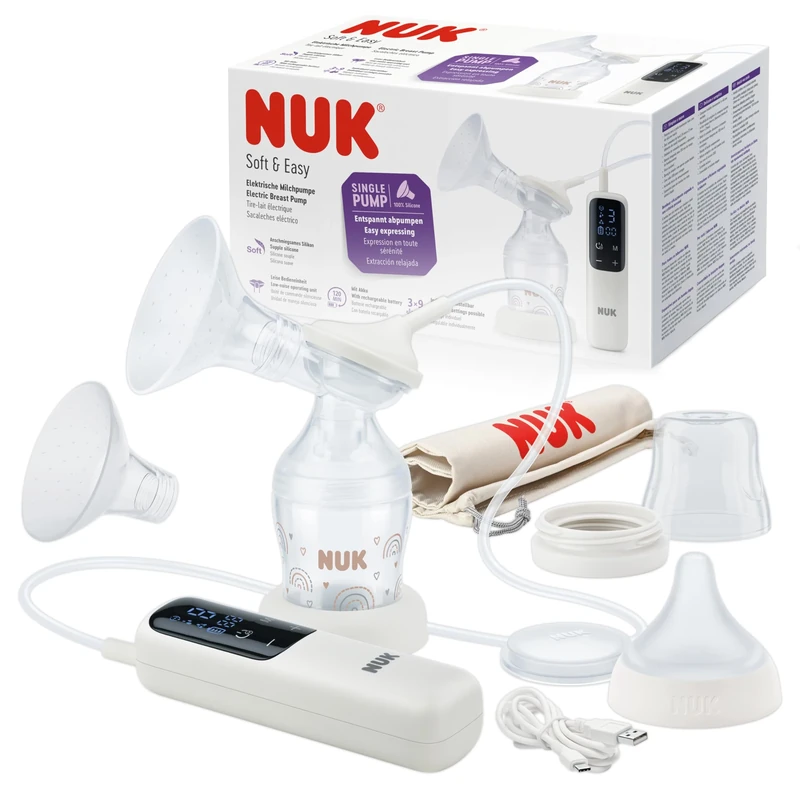 NUK Soft & Easy Electric Breast Pump | 100% Silicone Soft Cups | Small, Lightweight & Quiet | Rechargeable Battery for Travel | 24mm & 27mm Cups | 1 x Perfect Match Baby Bottle